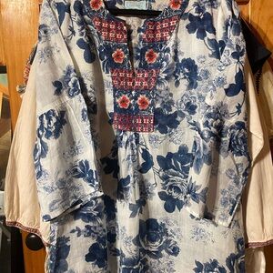 Johnny Was Blue and Red Embroidered Top